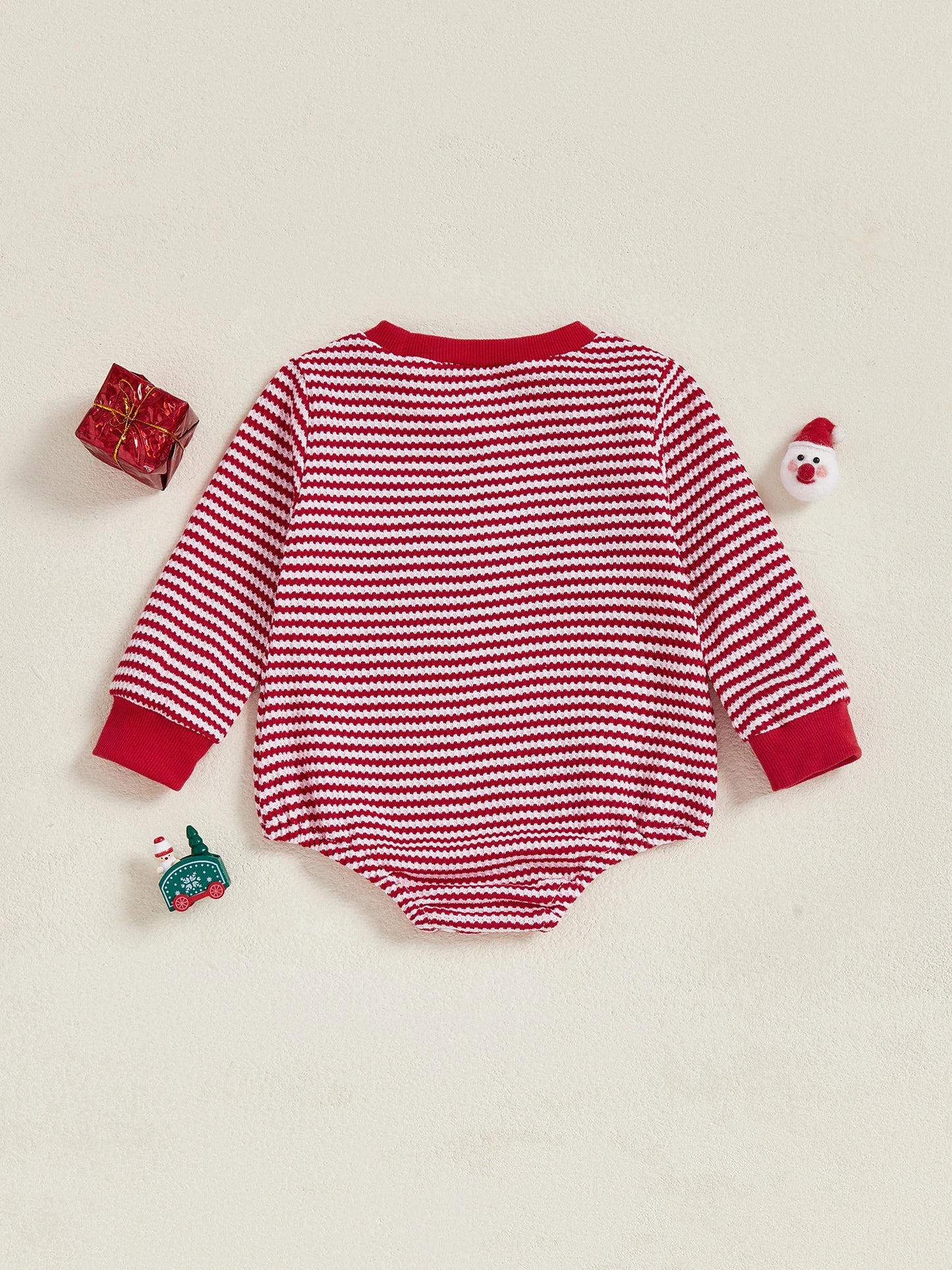 Baby Christmas Romper - Long Sleeve Stripes Print Xmas Embroidery Bodysuit