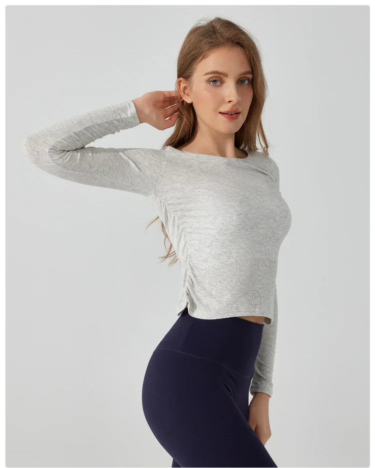 Women's Long Sleeve Yoga Shirt Slim Fit Gym Top Breathable Ribbed Gym Running Top Workout Sportswear