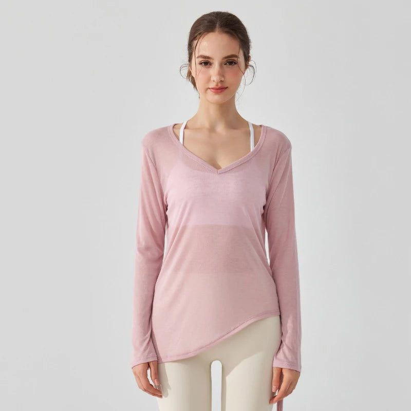 Women's Loose Running Top Long Sleeve Yoga Shirt V-Neckline Workout Blouse Sportswear Workout Clothes