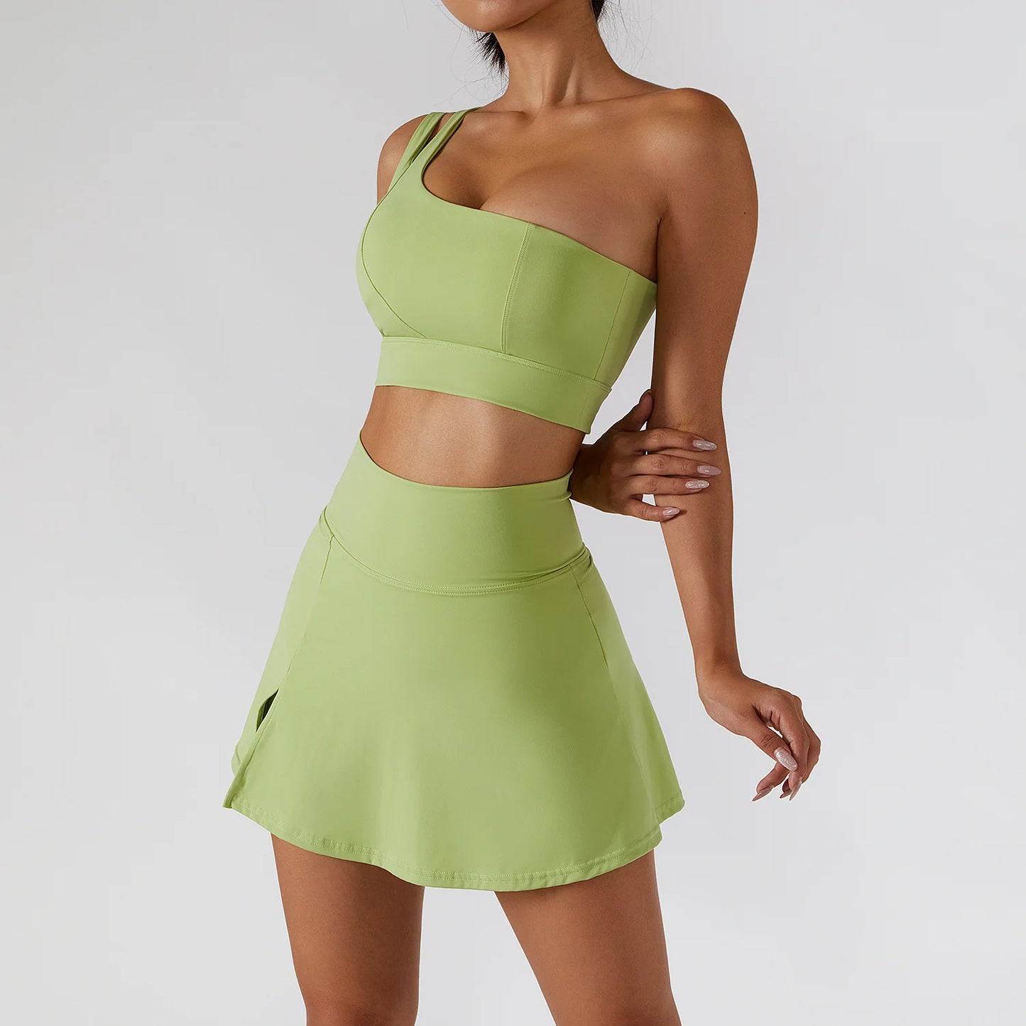 Women’s 2pc Sports Skirt Suit Outdoor Leisure Single Shoulder Bra Suit Quick Drying Tennis Set Yoga workout Skirt Set