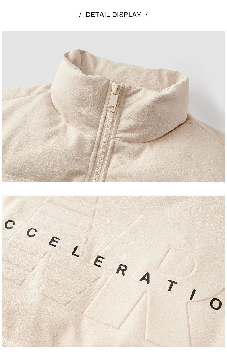 Down Jacket Men Faux Suede Texture Stand Collar Puffer Coat Winter Loose Fit Warm Outerwear