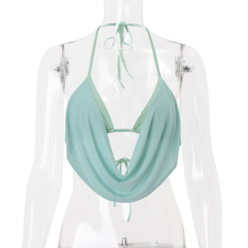 Summer Halter Crop Top - Mesh Draped Neckline Backless Streetwear Vest