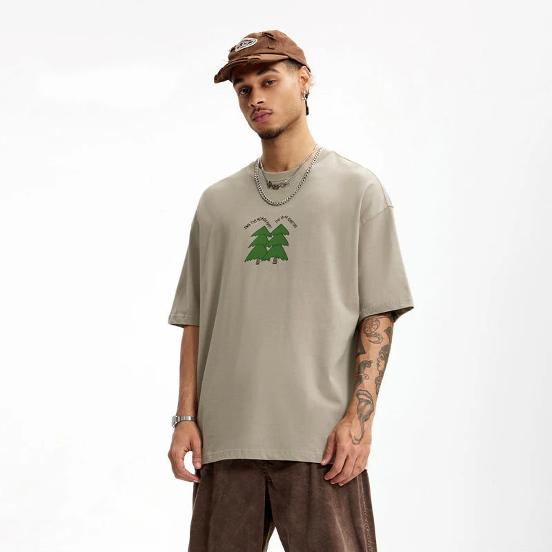 Unisex 265G Pine Tree Puff Print Heavyweight oversize Casual Pure Cotton Short Sleeve T-Shirt