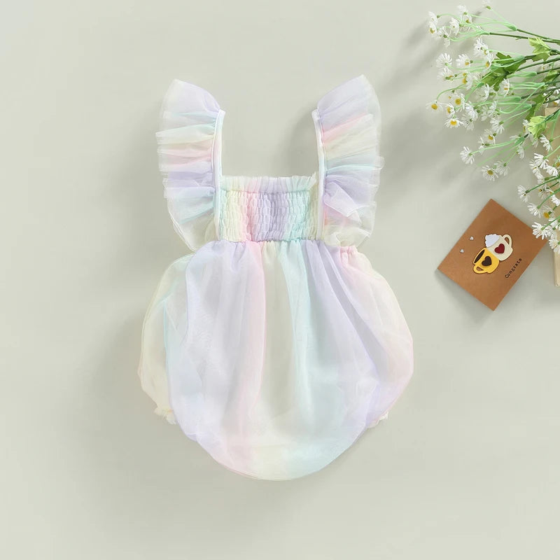 0-18M Baby Girls Romper Fly Sleeve Square Neck Tie-dye Print Lace Mesh Tulle Jumpsuit