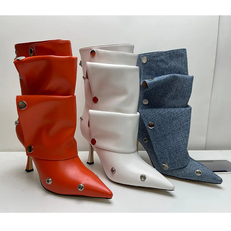 Women's Metal Button Spliced Denim High Heel Knee Ankle Boots