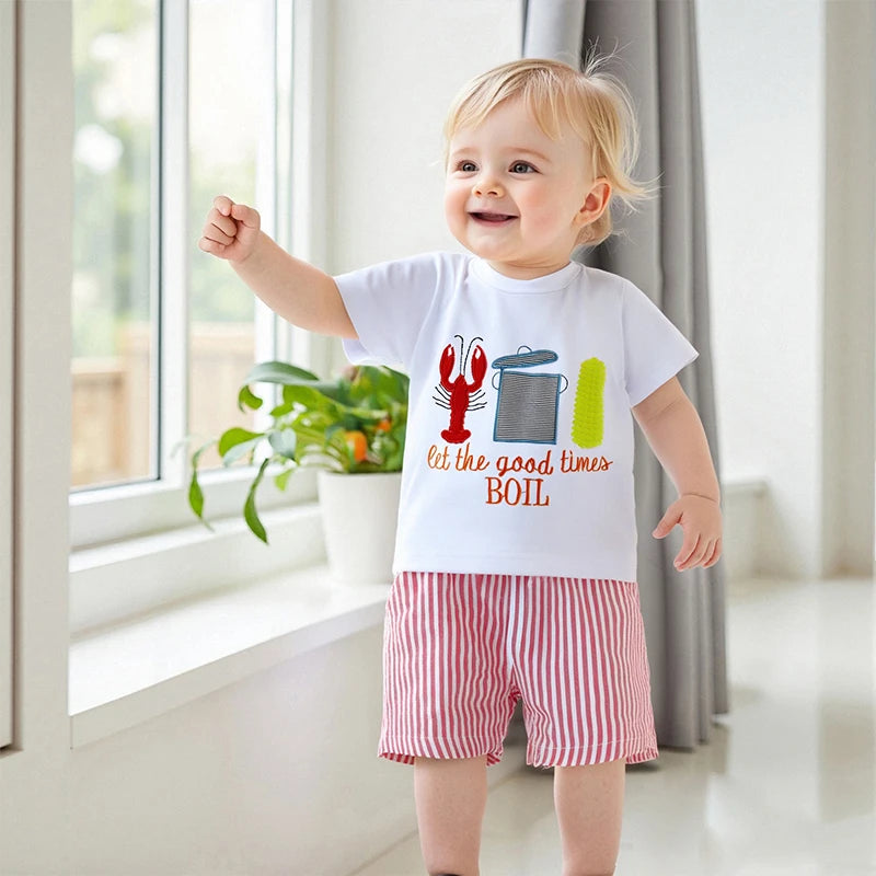 0-7Y Casual Kids Boys Summer Clothes Sets 2pcs Short Sleeve O Neck Lobster Letter Print T Shirts and Striped Shorts