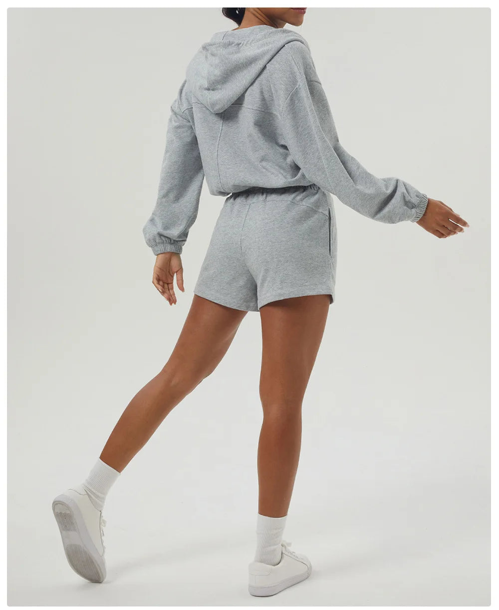 Women's Gym Running Suit Breathable Two Pieces Fitness Yoga Set Long Sleeve Hoodie Shorts Workout Sportswear