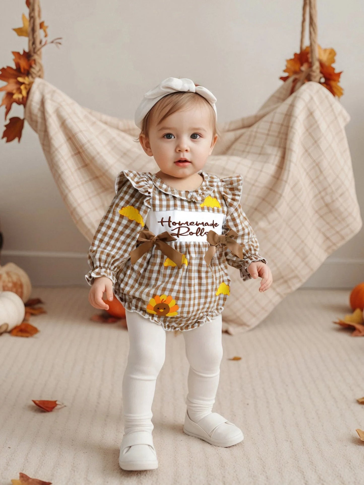 Baby Thanksgiving Romper - Long Sleeve Plaid Print Turkey Embroidery Bubble Jumpsuit