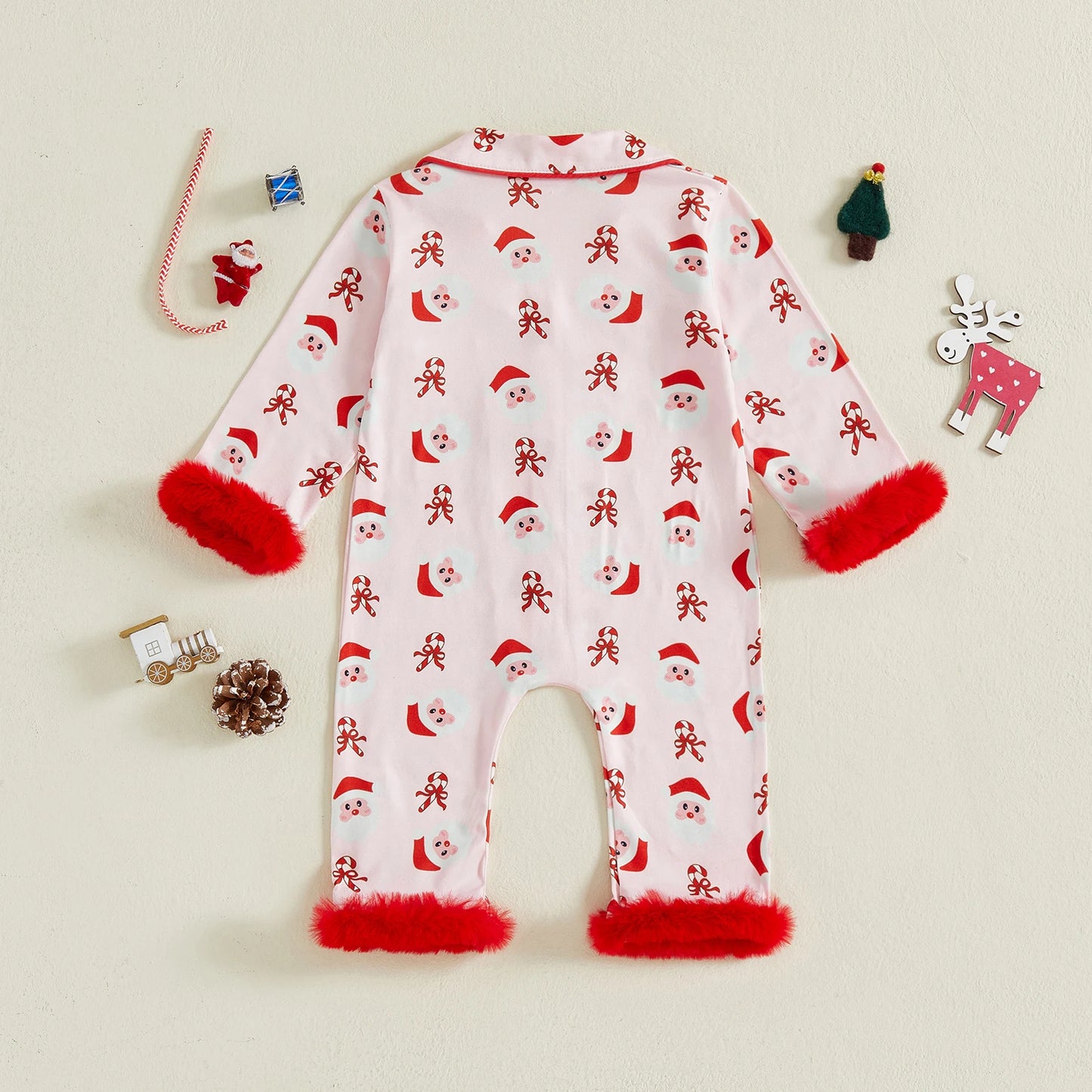Lovely Baby Girls Christmas Pajama Jumpsuit - Santa Claus & Candy Cane Print (0-24M)