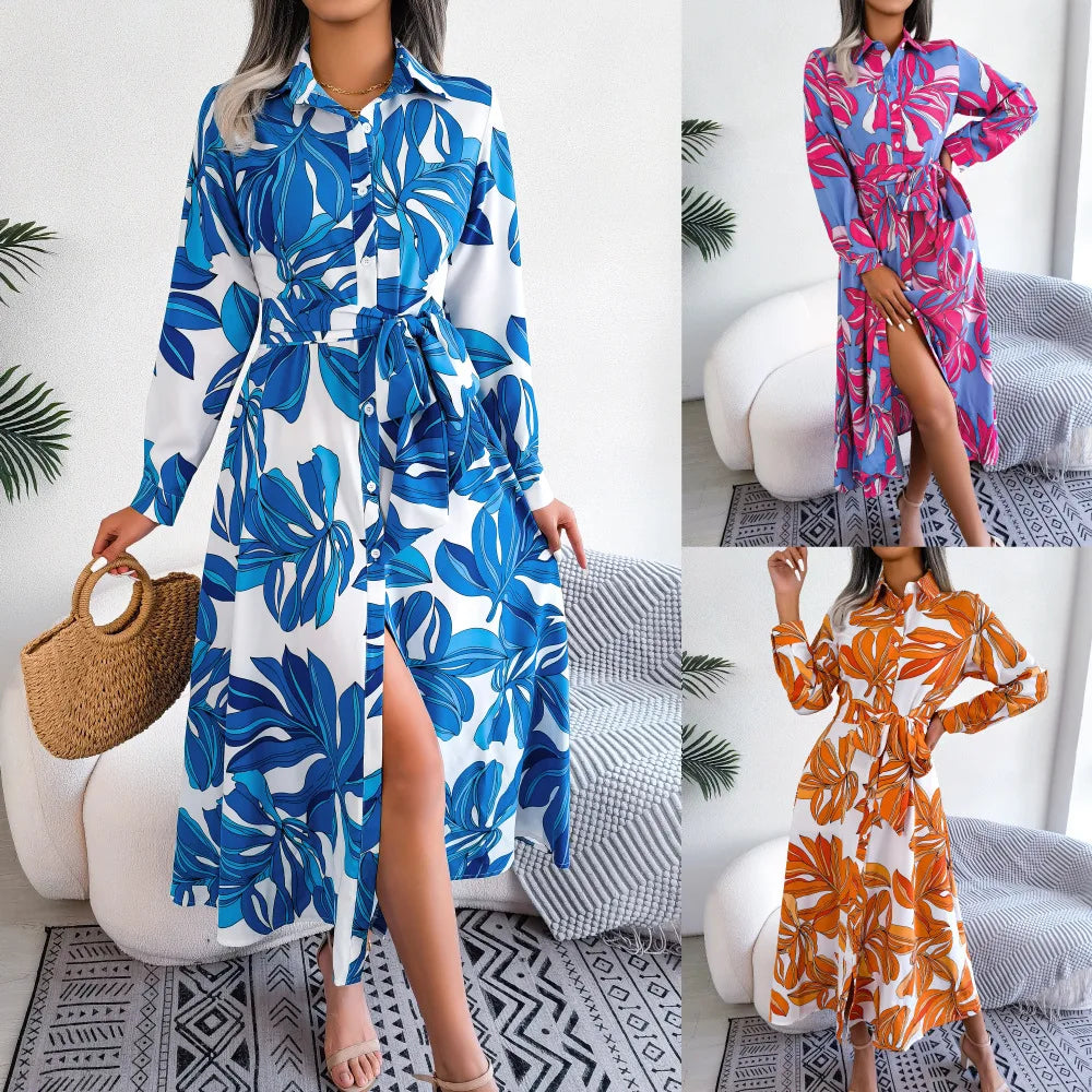 Women's Spring Summer Contrast Floral Polo Collar Lace Up Shirt Single Breasted Long Dress