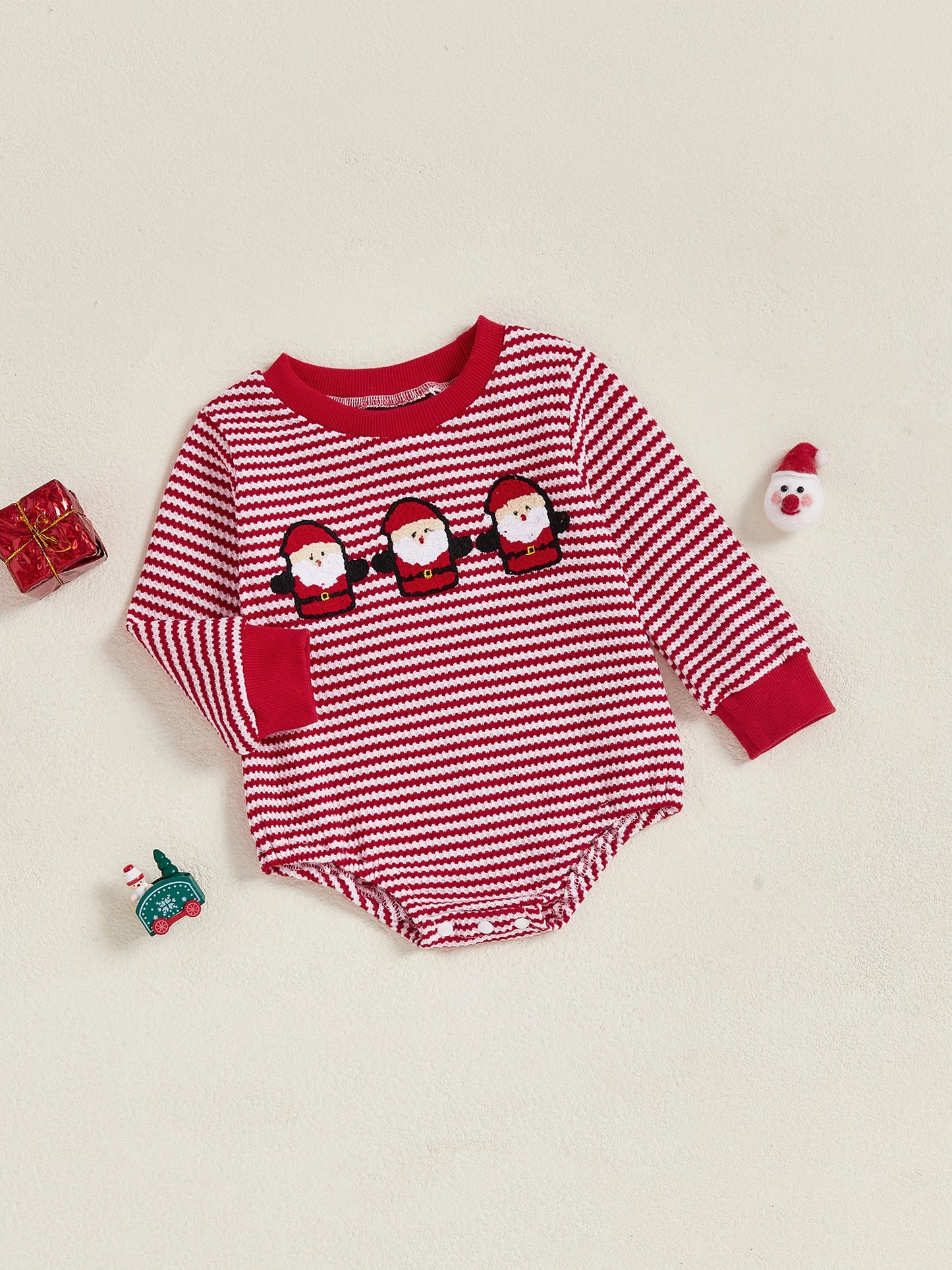 Baby Christmas Romper - Long Sleeve Stripes Print Xmas Embroidery Bodysuit