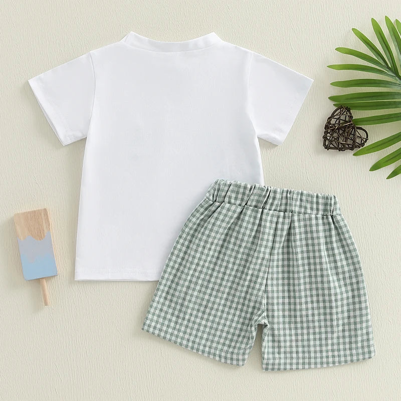 Dinosaur Embroidered T-Shirt & Plaid Shorts Set - Toddler Boys (0-4Y)