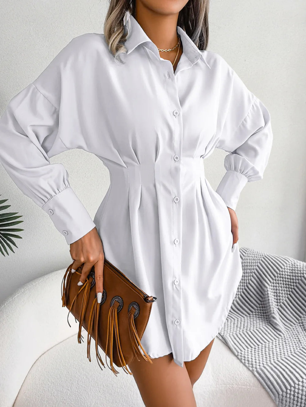 Women's Autumn Winter Casual Lantern Sleeve High Waist Asymmetric Dress Shirt Dress