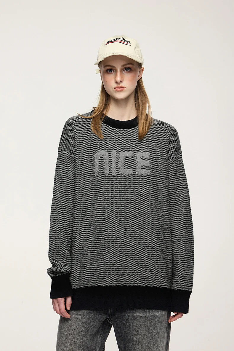 Unisex Letter Print Loose Knit Pullover Sweater