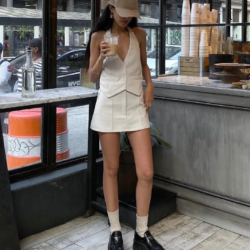 Women's Halter Deep V Cute Co-ord Set Elegant Outfits Single Breasted Waistcoat Top and Skirt 2 Piece Set
