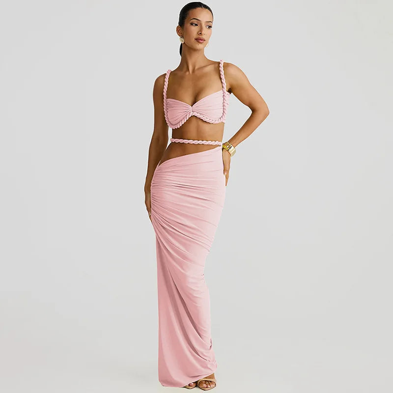 Women's Ruched Bandage 2 Piece Set Backless Decorative Cord Top and Skirt Dress Set