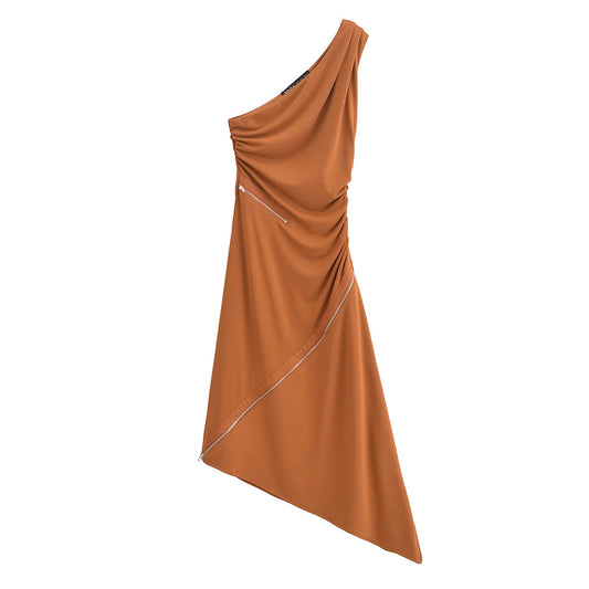 Women's Summer Pleated Temperament Slim Fit Zipper Decoration Asymmetrical Dress