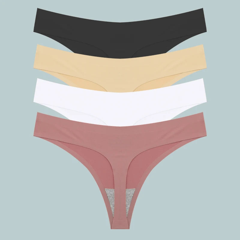 4Pcs Women's Seamless Thongs Breathable Panties Low-Waist Solid Underwear Stretch G-string Invisible T-Back Lingerie