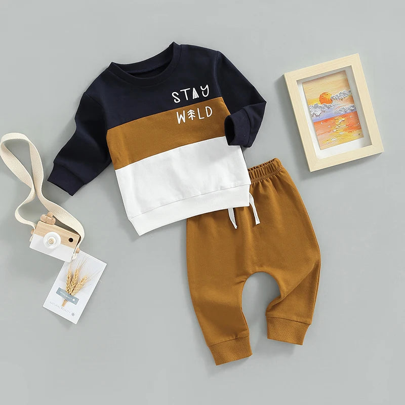 0-5Y Autumn Casual Kids Boys Clothes Set 2pcs Letter Print Colour Patchwork Long Sleeve Sweatshirt Top Pants