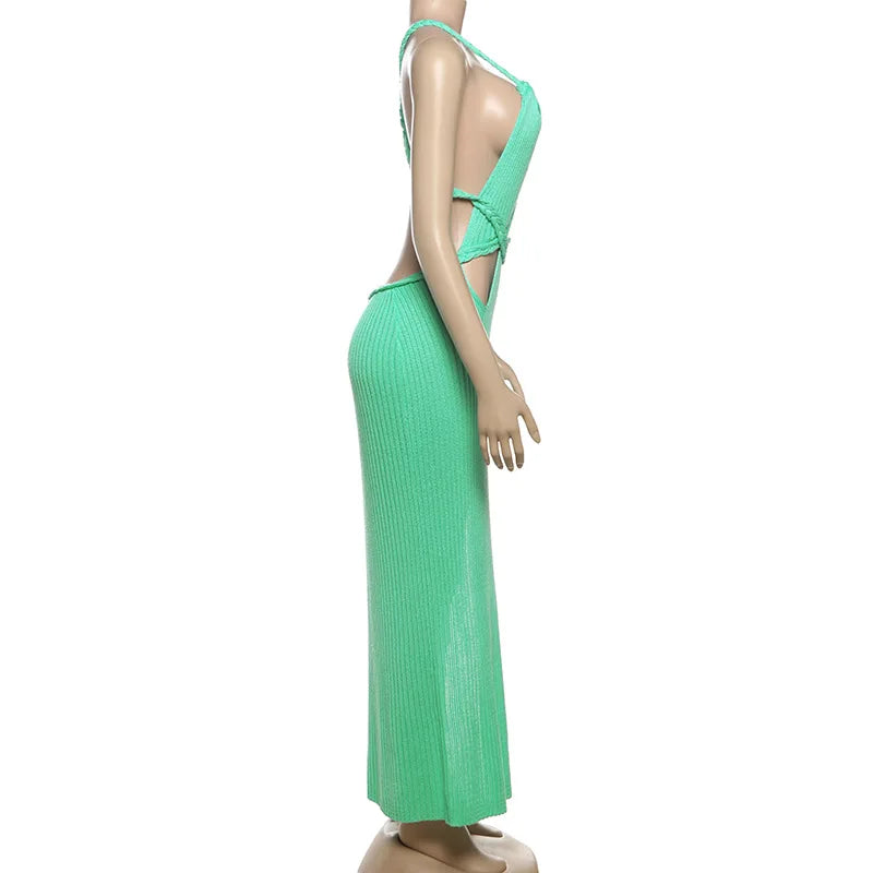 Women's Green Knitted Cut-Out Maxi Dress - Backless Summer Beach Dress