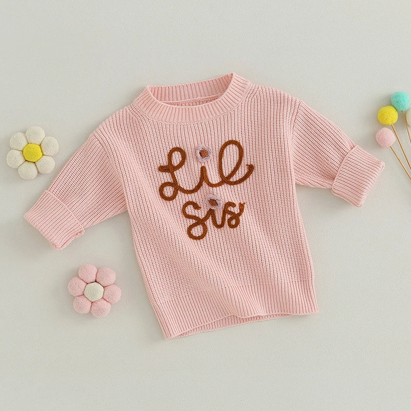 Toddler Girl's Sweater - Letter Embroidery Long Sleeve Crew Neck Pullover