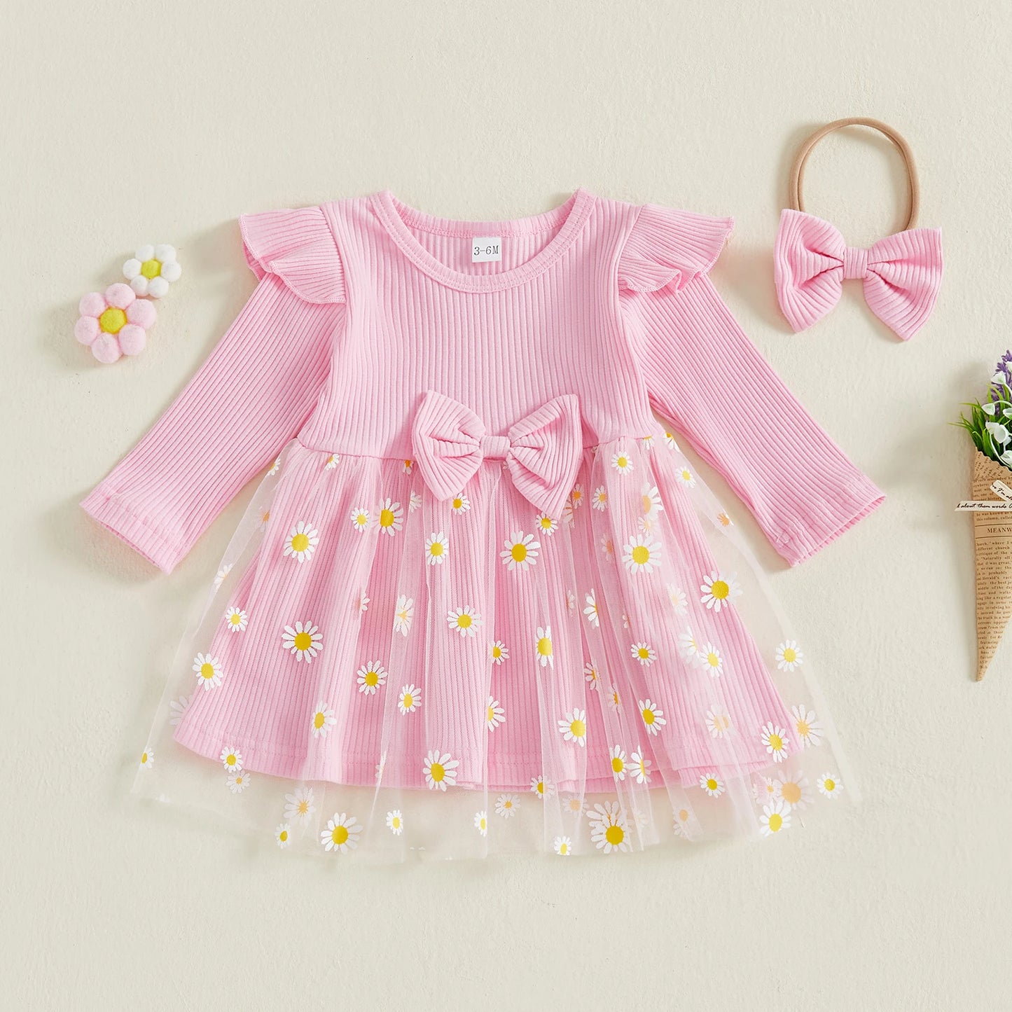 Lovely Baby Girls Fall Winter Dress - Sunflowers Print Tulle Dress with Headband (0-3Y)