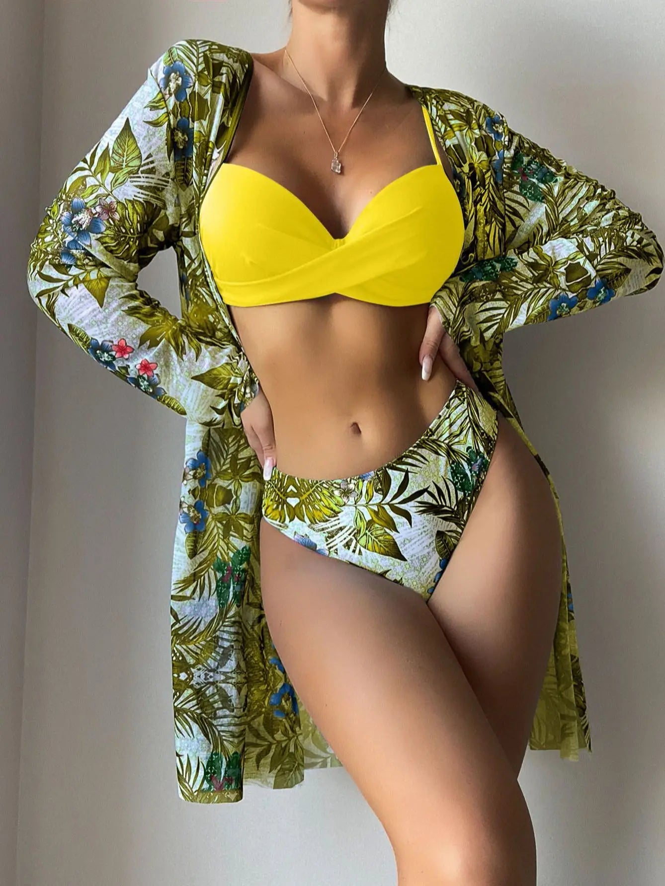 Women's Print Beach Cover Up And Bikini Set Swimwear Hollow Out Swimsuit High Waist Three Piece Beachwear