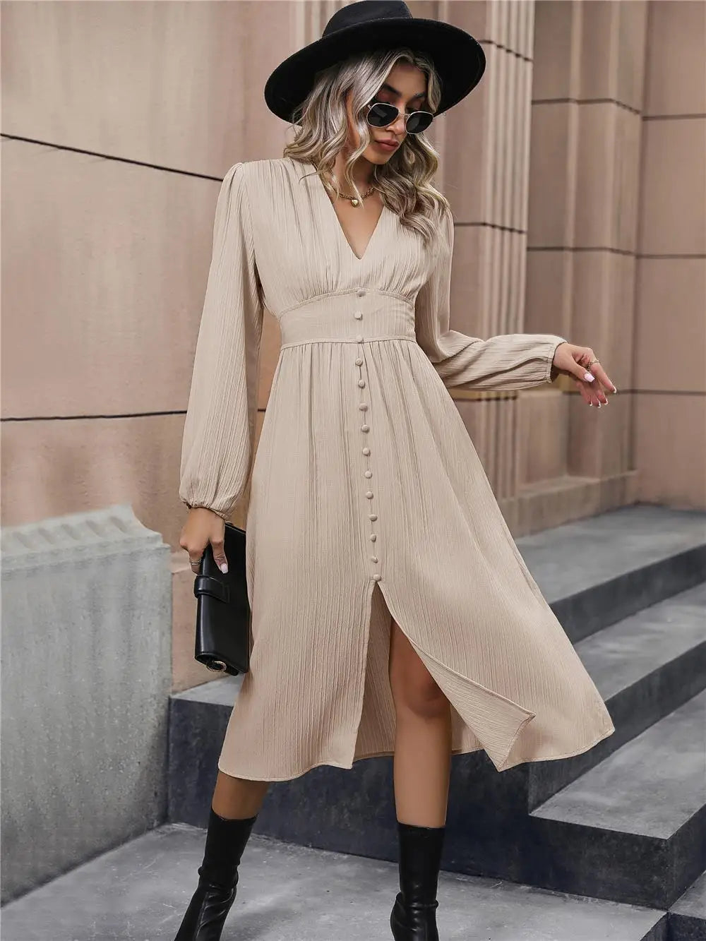 Women's Autumn Winter Long Sleeve Elegant V-neck Chiffon A-Line Knee Length High Waist Dress
