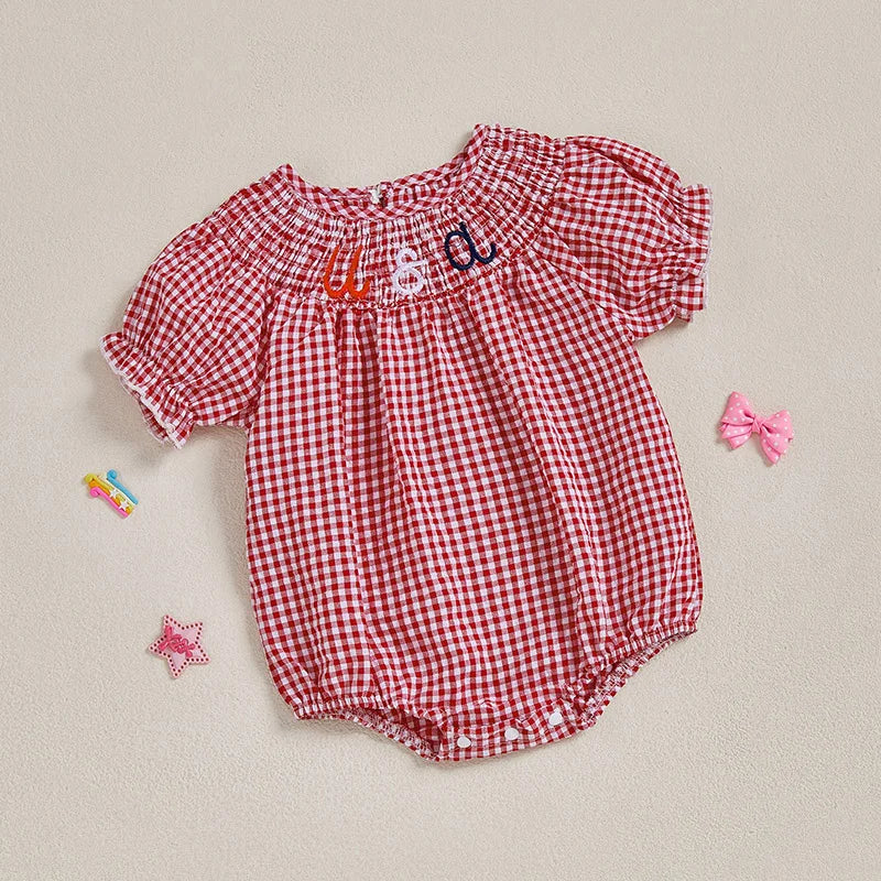 Baby Girls Independence Day Rompers - 3 Colors Letter Embroidery Plaid Print Short Sleeve Jumpsuits