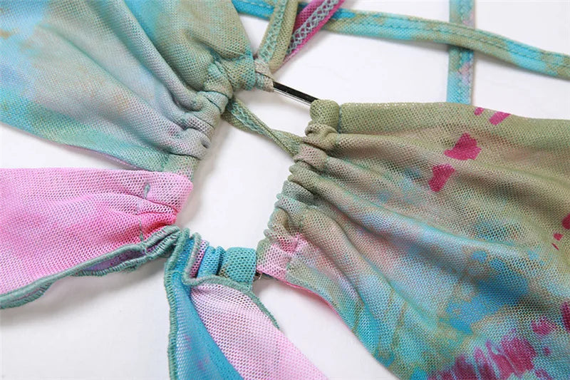 Women's Print Butterfly Mesh 3 Piece Set Backless Top and Skirt Co-ords Set