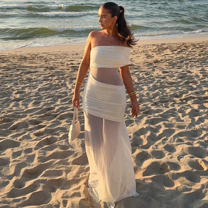 Women's Off Shoulder Ruched Mesh Maxi Dress - Backless Summer Club Dress
