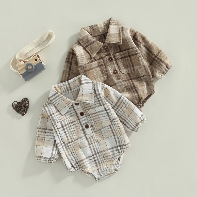 0-24M Infant Baby Boys Gentlemen Romper - Long Sleeve Turn Down Collar Plaid Printed Jumpsuit