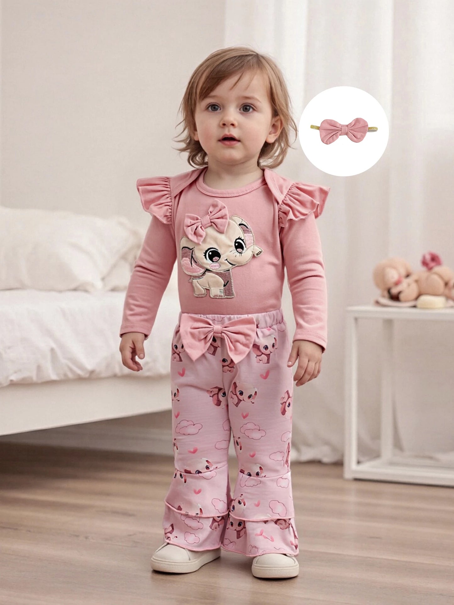 Baby Girls Fall Winter Clothes Set - Long Sleeve Bow Animal Embroidery Jumpsuit, Headband & Flared Pants