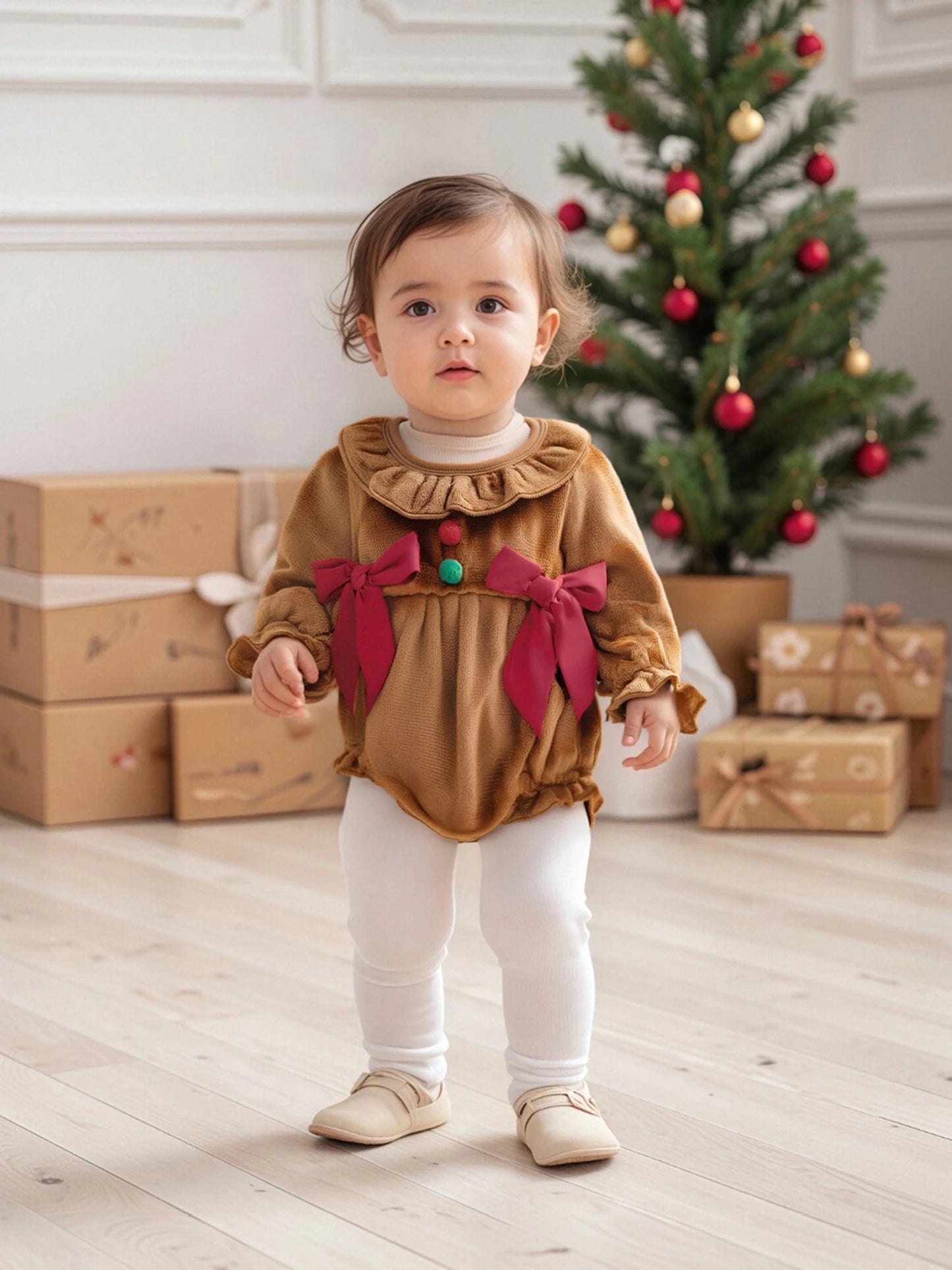 Baby Girls Christmas Romper - Plush Gingerbread Costume with Bow Detail