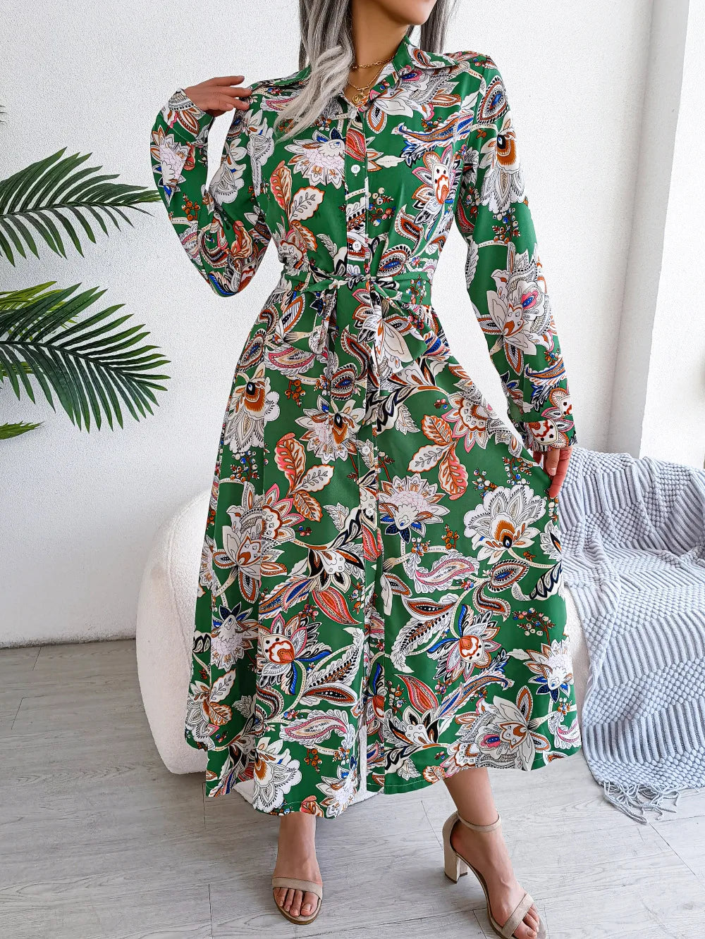 Women'S Spring Summer Retro Floral Collar Long Sleeve Tie Up Shirt Dress