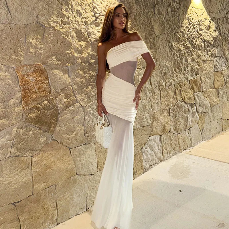 Women's Off Shoulder Ruched Mesh Maxi Dress - Backless Summer Club Dress