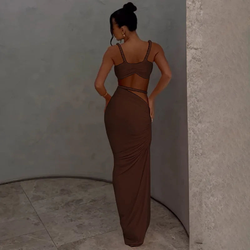 Women's Ruched Bandage 2 Piece Set Backless Decorative Cord Top and Skirt Dress Set