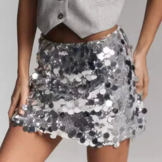 Women's High Waisted Sequins Skirt - Hip Wrap Mini Splice Glitter Skirt