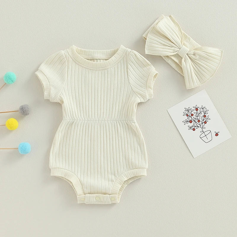 Newborn Baby Girl Romper Set - Short Sleeve Jumpsuit with Bow Headband (3 Colours)