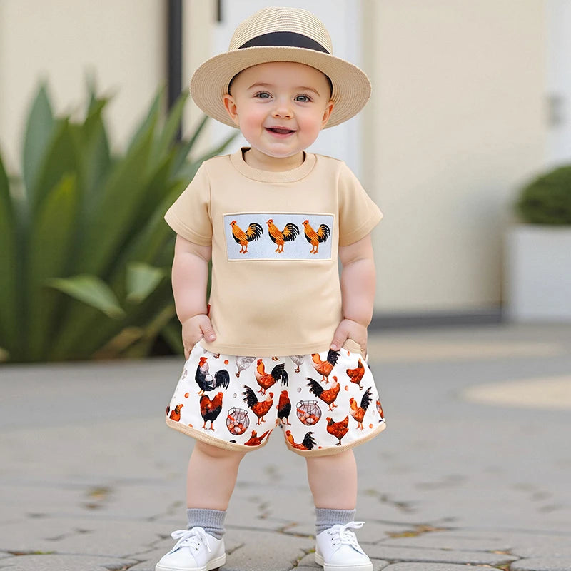 0-4Y Toddler Kids Boys Clothes Sets Rooster Embroidery Short Sleeve T-shirts Elastic Waist Shorts 2PCS
