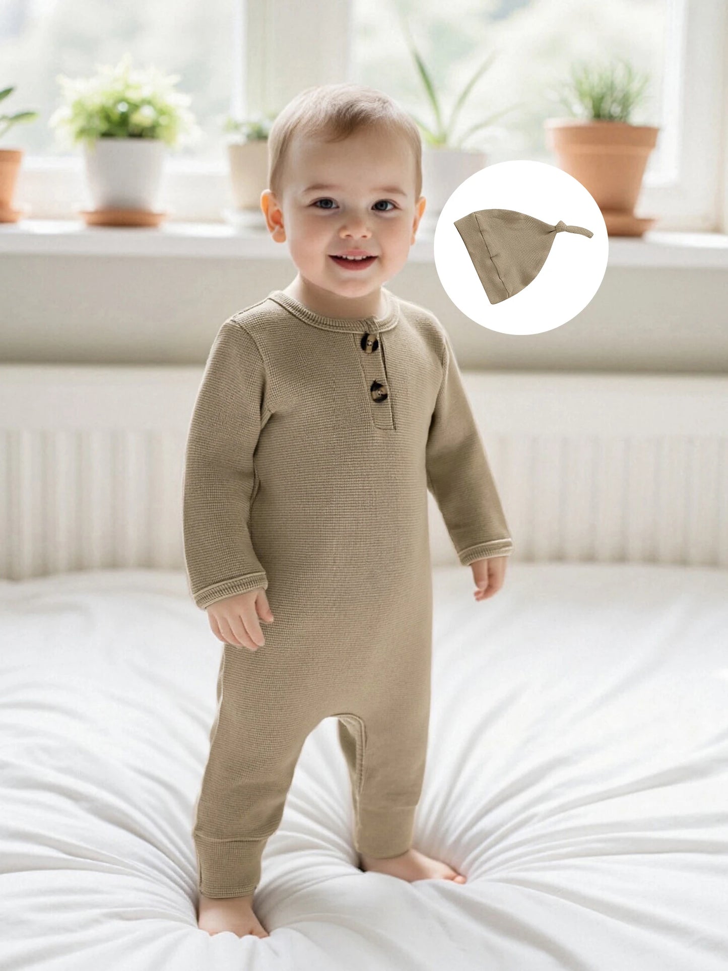 Newborn Baby Fall Winter Romper - Long Sleeve Solid Jumpsuit with Hat (0-6M)