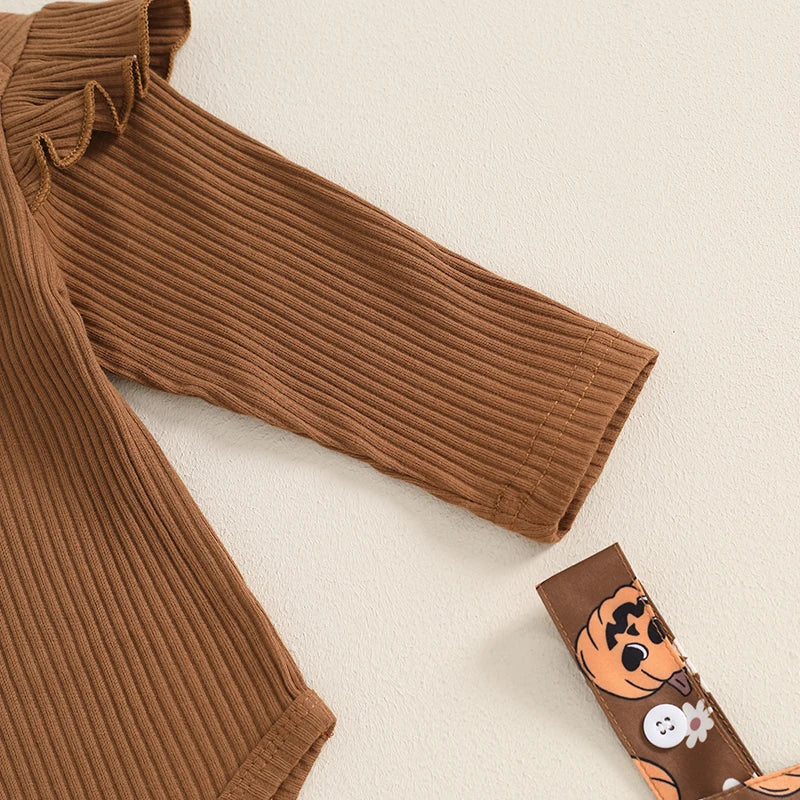 Baby Girl's Halloween Outfit Set - Ribbed Romper, Pumpkin Suspender Skirt & Bow Headband