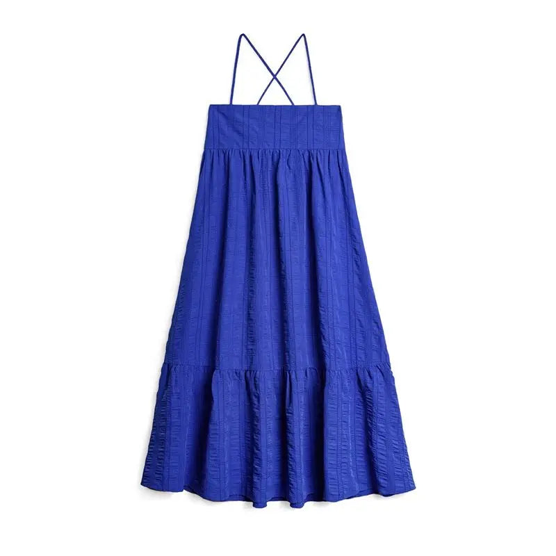 Women's Blue Seersucker Sleeveless A-Line Beach Dress - Summer Vacation Strappy Slip Dress