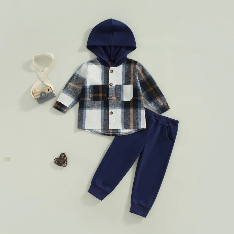 1-6Y Autumn Causal Kids Boys Clothes Sets 2pcs Plaid Printed Patchwork Hooded Long Sleeve Jacket and Trousers