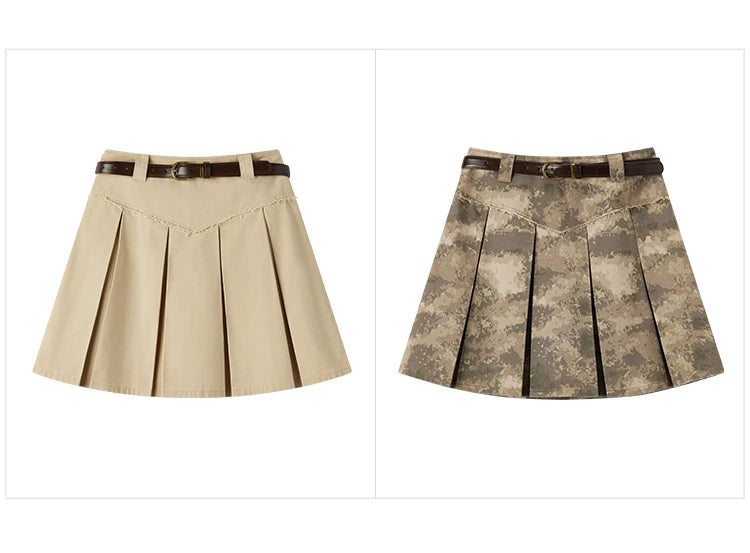 Salt & Sweet Style A-Line Mini Skirt - Summer Edgy Raw Hem Pleated Retro Skirt with Belt