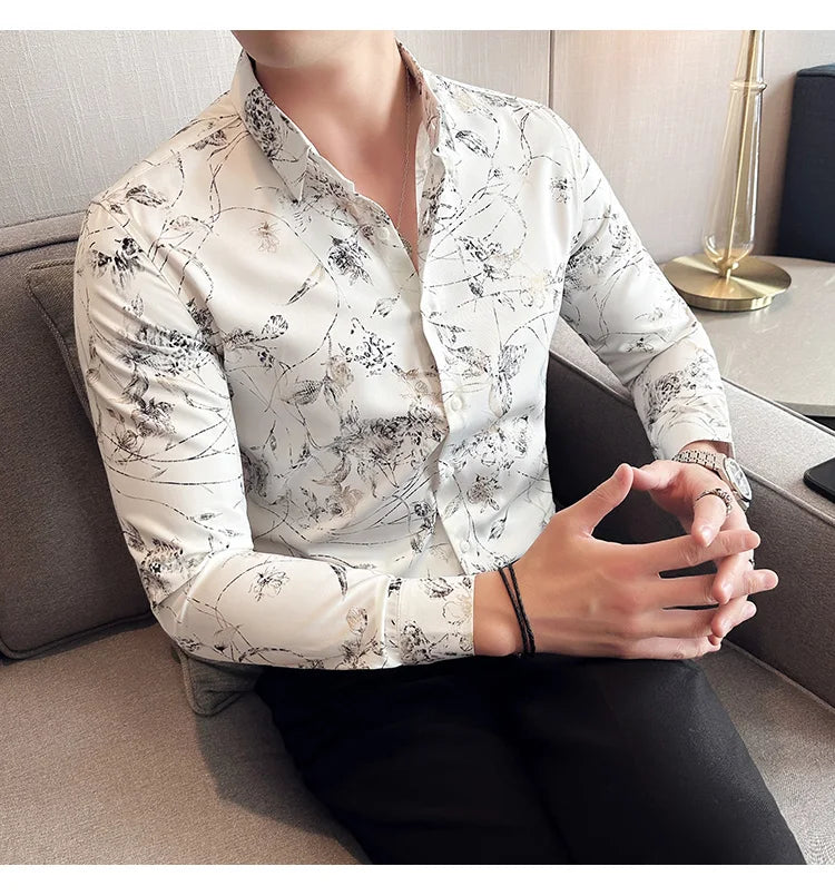 Men's Print Shirt - Slim Fit Long Sleeve Turn Down Collar Shirt