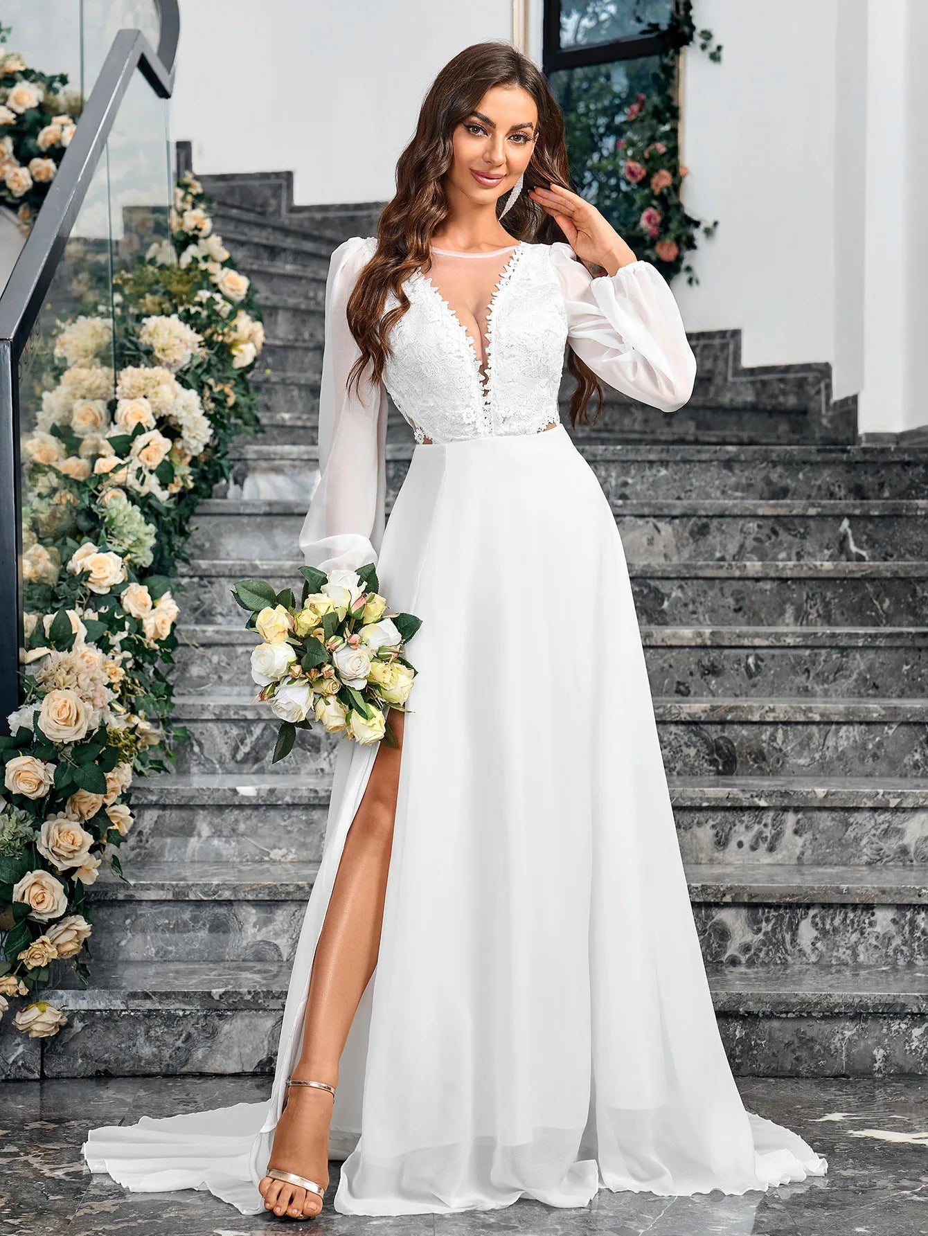 Women's Long Sleeve Deep V Neck Lace Backless Floor Length Dress