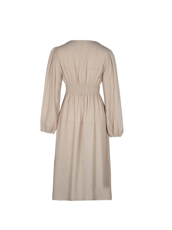 Women's Autumn Winter Long Sleeve Elegant V-neck Chiffon A-Line Knee Length High Waist Dress