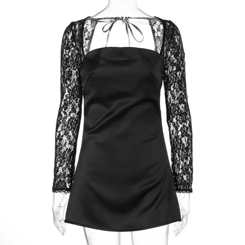 Women's Lace Long Sleeve Mini Square Collar Backless A-line High Waist Party Dress