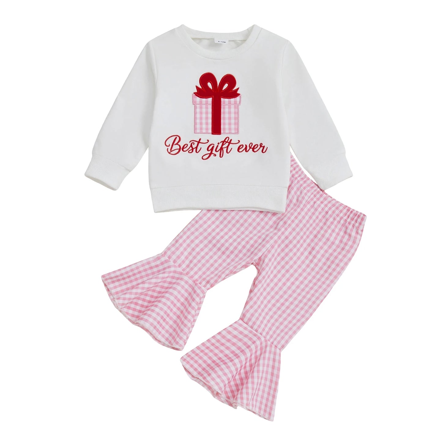 Baby Girls Christmas Tree Embroidered Sweatshirt & Plaid Bell Bottoms Set (0-4Y)